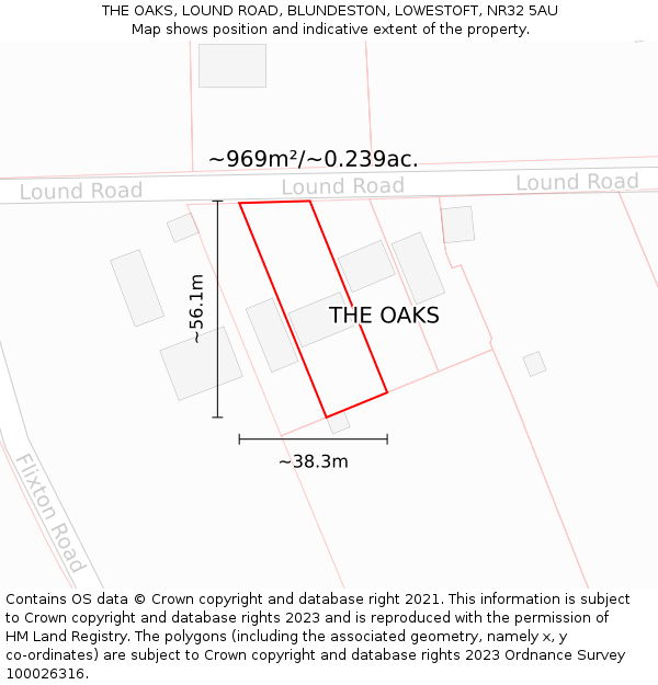 THE OAKS, LOUND ROAD, BLUNDESTON, LOWESTOFT, NR32 5AU: Plot and title map
