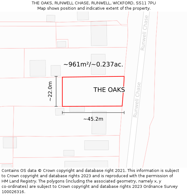THE OAKS, RUNWELL CHASE, RUNWELL, WICKFORD, SS11 7PU: Plot and title map