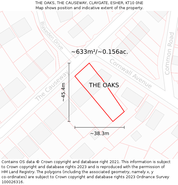 THE OAKS, THE CAUSEWAY, CLAYGATE, ESHER, KT10 0NE: Plot and title map