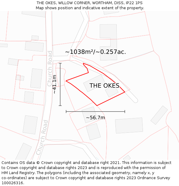 THE OKES, WILLOW CORNER, WORTHAM, DISS, IP22 1PS: Plot and title map
