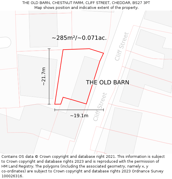 THE OLD BARN, CHESTNUT FARM, CLIFF STREET, CHEDDAR, BS27 3PT: Plot and title map