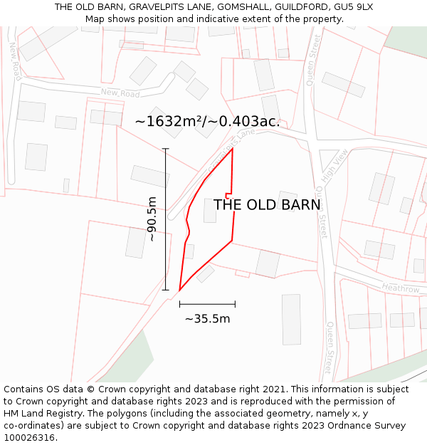 THE OLD BARN, GRAVELPITS LANE, GOMSHALL, GUILDFORD, GU5 9LX: Plot and title map