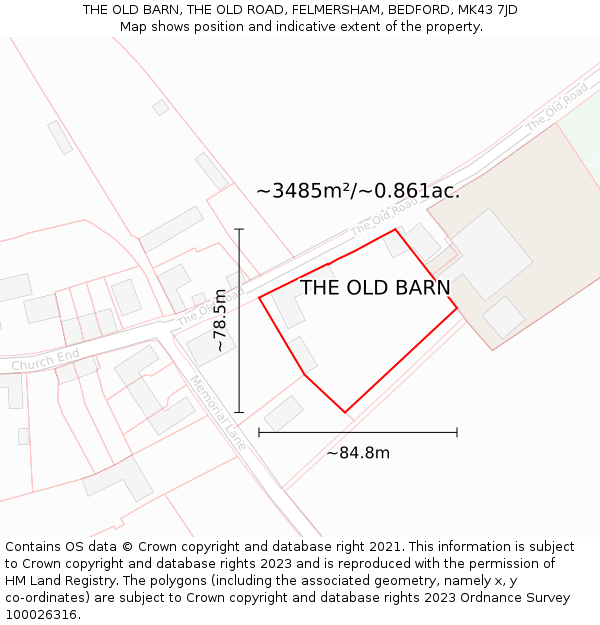 THE OLD BARN, THE OLD ROAD, FELMERSHAM, BEDFORD, MK43 7JD: Plot and title map