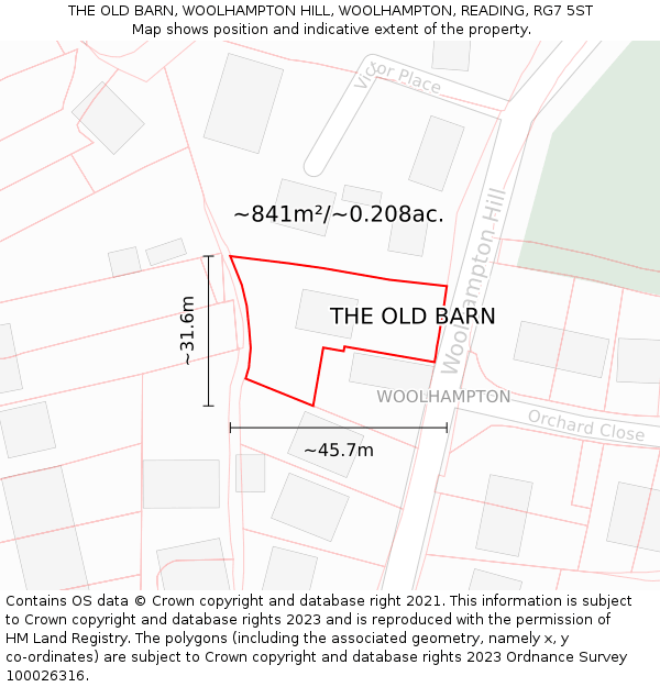 THE OLD BARN, WOOLHAMPTON HILL, WOOLHAMPTON, READING, RG7 5ST: Plot and title map