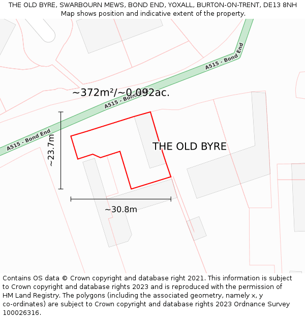 THE OLD BYRE, SWARBOURN MEWS, BOND END, YOXALL, BURTON-ON-TRENT, DE13 8NH: Plot and title map