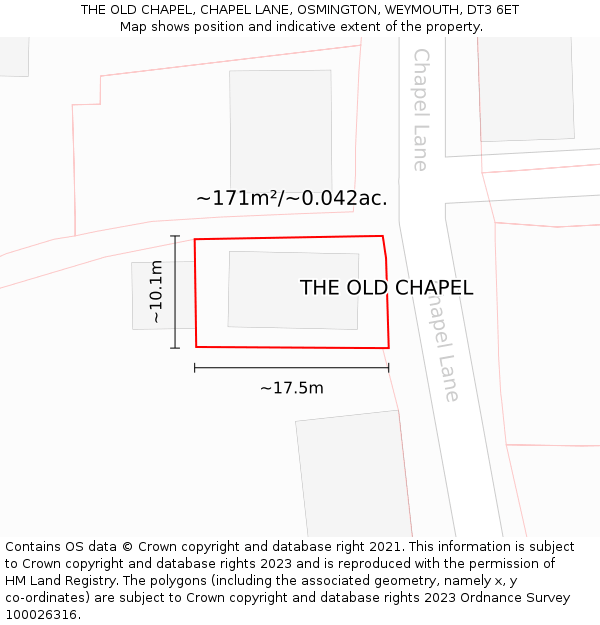 THE OLD CHAPEL, CHAPEL LANE, OSMINGTON, WEYMOUTH, DT3 6ET: Plot and title map
