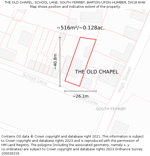 THE OLD CHAPEL, SCHOOL LANE, SOUTH FERRIBY, BARTON-UPON-HUMBER, DN18 6HW: Plot and title map