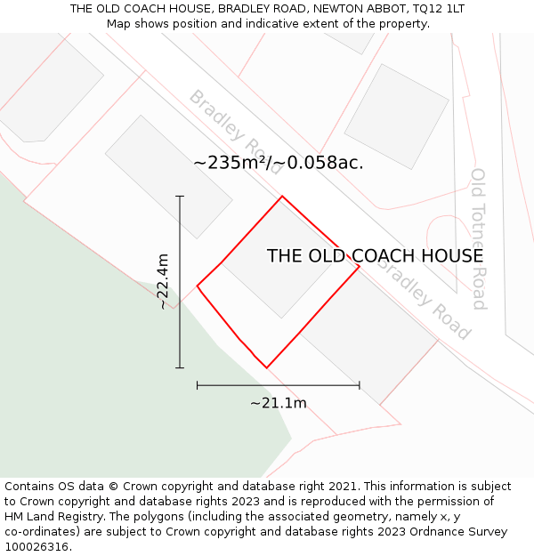 THE OLD COACH HOUSE, BRADLEY ROAD, NEWTON ABBOT, TQ12 1LT: Plot and title map