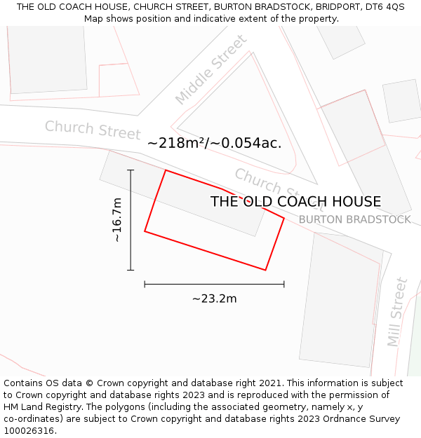 THE OLD COACH HOUSE, CHURCH STREET, BURTON BRADSTOCK, BRIDPORT, DT6 4QS: Plot and title map