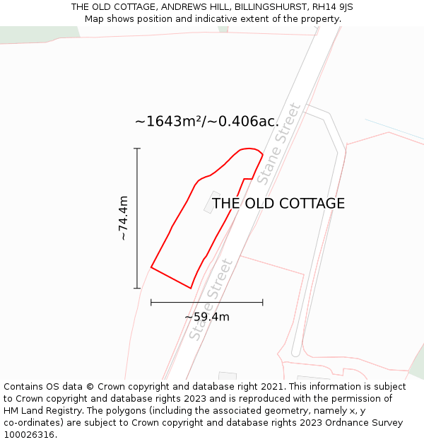 THE OLD COTTAGE, ANDREWS HILL, BILLINGSHURST, RH14 9JS: Plot and title map