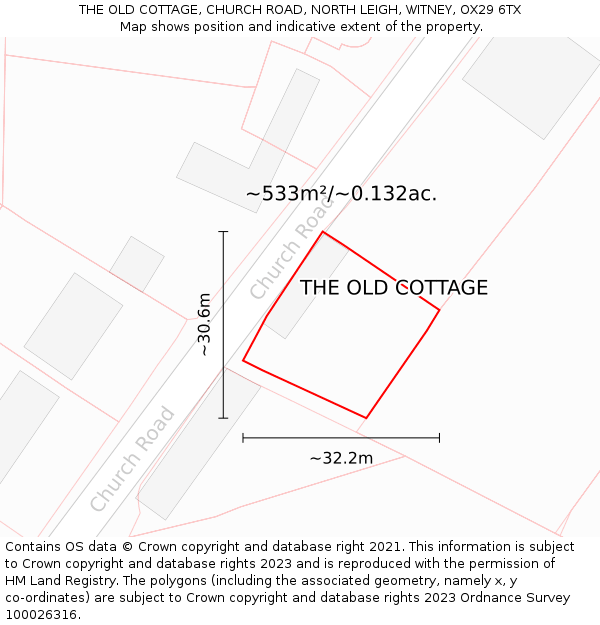 THE OLD COTTAGE, CHURCH ROAD, NORTH LEIGH, WITNEY, OX29 6TX: Plot and title map