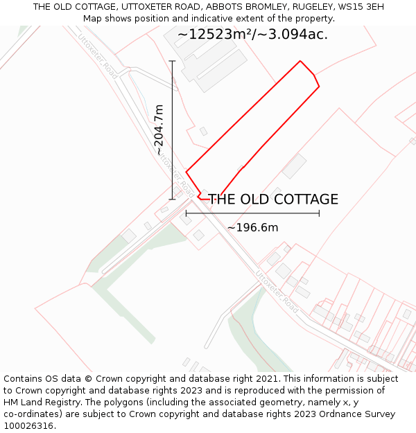 THE OLD COTTAGE, UTTOXETER ROAD, ABBOTS BROMLEY, RUGELEY, WS15 3EH: Plot and title map