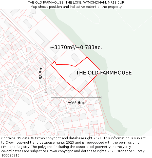 THE OLD FARMHOUSE, THE LOKE, WYMONDHAM, NR18 0UR: Plot and title map