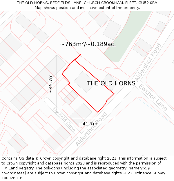 THE OLD HORNS, REDFIELDS LANE, CHURCH CROOKHAM, FLEET, GU52 0RA: Plot and title map