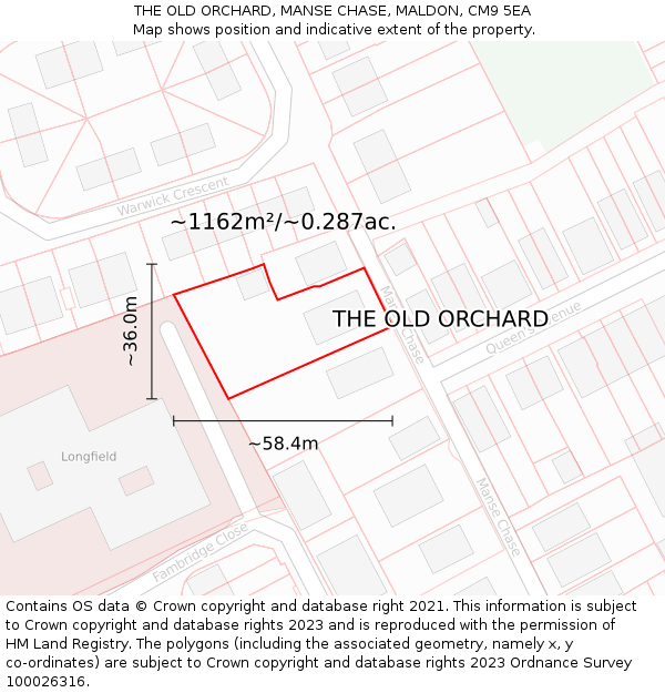 THE OLD ORCHARD, MANSE CHASE, MALDON, CM9 5EA: Plot and title map
