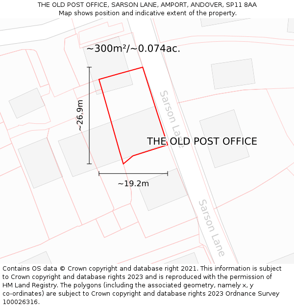 THE OLD POST OFFICE, SARSON LANE, AMPORT, ANDOVER, SP11 8AA: Plot and title map