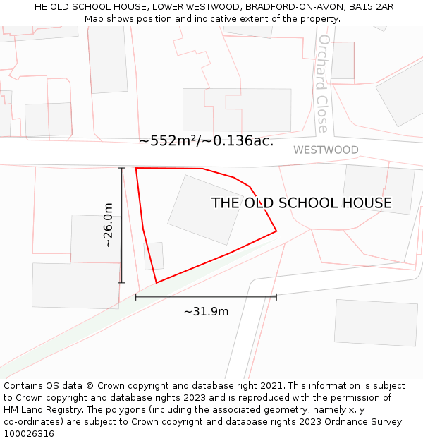 THE OLD SCHOOL HOUSE, LOWER WESTWOOD, BRADFORD-ON-AVON, BA15 2AR: Plot and title map