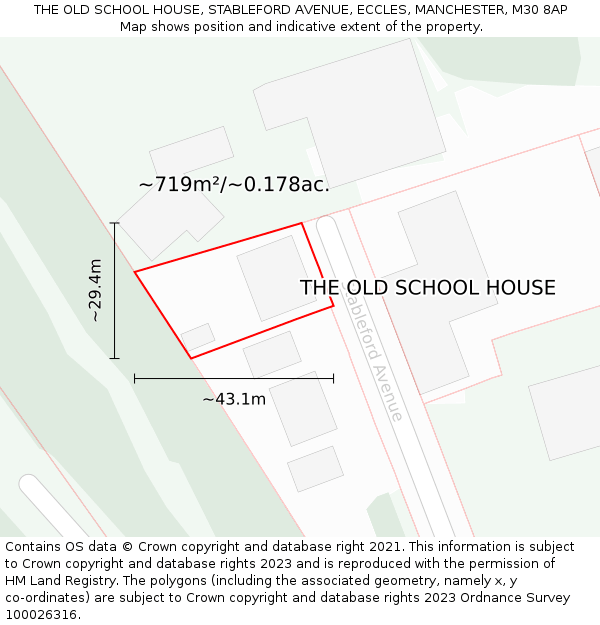 THE OLD SCHOOL HOUSE, STABLEFORD AVENUE, ECCLES, MANCHESTER, M30 8AP: Plot and title map