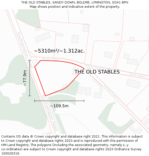 THE OLD STABLES, SANDY DOWN, BOLDRE, LYMINGTON, SO41 8PN: Plot and title map