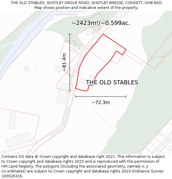 THE OLD STABLES, SHOTLEY GROVE ROAD, SHOTLEY BRIDGE, CONSETT, DH8 8SG: Plot and title map