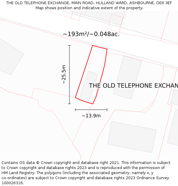 THE OLD TELEPHONE EXCHANGE, MAIN ROAD, HULLAND WARD, ASHBOURNE, DE6 3EF: Plot and title map