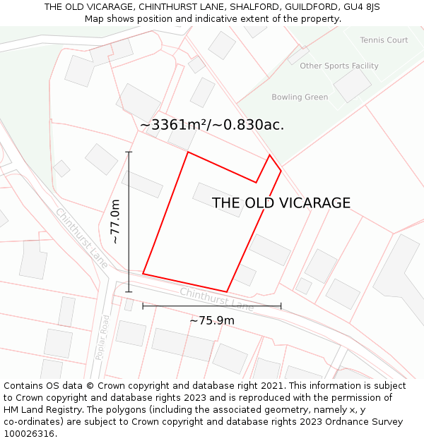 THE OLD VICARAGE, CHINTHURST LANE, SHALFORD, GUILDFORD, GU4 8JS: Plot and title map