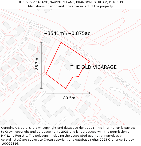 THE OLD VICARAGE, SAWMILLS LANE, BRANDON, DURHAM, DH7 8NS: Plot and title map