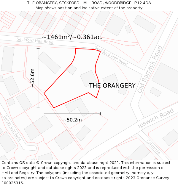 THE ORANGERY, SECKFORD HALL ROAD, WOODBRIDGE, IP12 4DA: Plot and title map