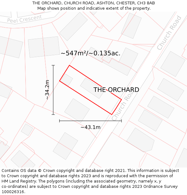 THE ORCHARD, CHURCH ROAD, ASHTON, CHESTER, CH3 8AB: Plot and title map