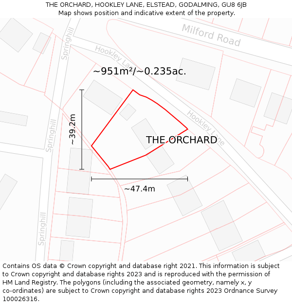 THE ORCHARD, HOOKLEY LANE, ELSTEAD, GODALMING, GU8 6JB: Plot and title map