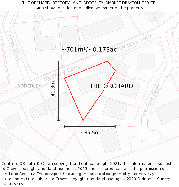 THE ORCHARD, RECTORY LANE, ADDERLEY, MARKET DRAYTON, TF9 3TL: Plot and title map