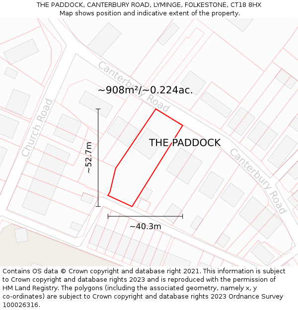 THE PADDOCK, CANTERBURY ROAD, LYMINGE, FOLKESTONE, CT18 8HX: Plot and title map