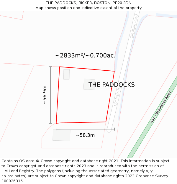 THE PADDOCKS, BICKER, BOSTON, PE20 3DN: Plot and title map