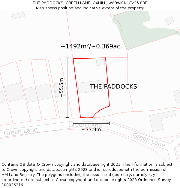 THE PADDOCKS, GREEN LANE, OXHILL, WARWICK, CV35 0RB: Plot and title map