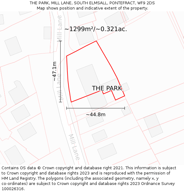 THE PARK, MILL LANE, SOUTH ELMSALL, PONTEFRACT, WF9 2DS: Plot and title map