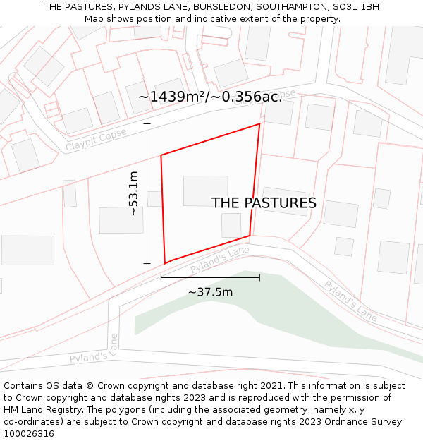THE PASTURES, PYLANDS LANE, BURSLEDON, SOUTHAMPTON, SO31 1BH: Plot and title map