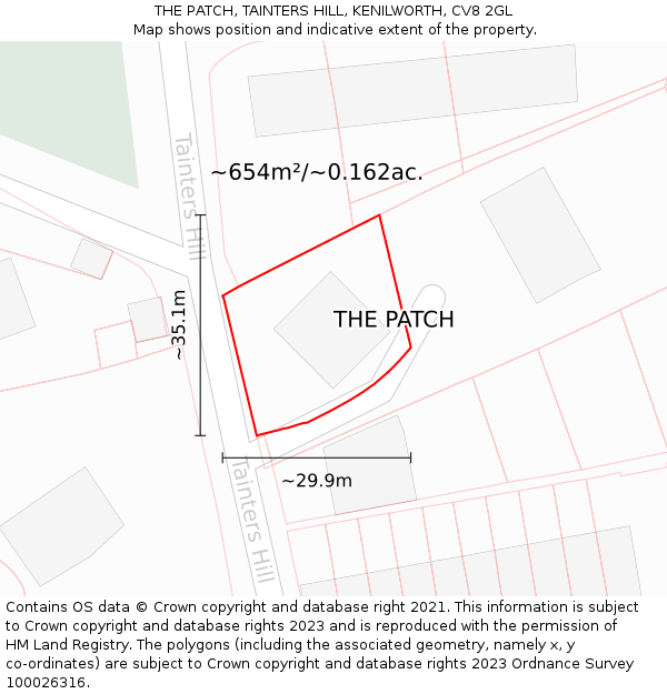 THE PATCH, TAINTERS HILL, KENILWORTH, CV8 2GL: Plot and title map
