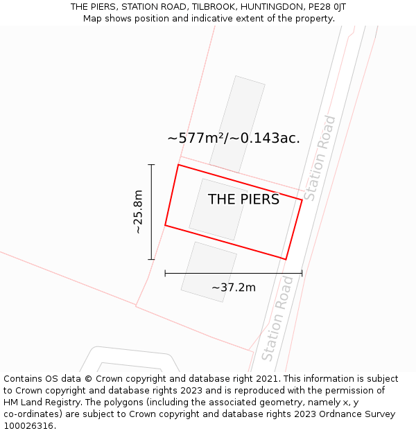 THE PIERS, STATION ROAD, TILBROOK, HUNTINGDON, PE28 0JT: Plot and title map