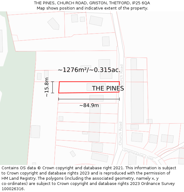 THE PINES, CHURCH ROAD, GRISTON, THETFORD, IP25 6QA: Plot and title map