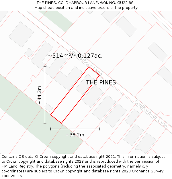THE PINES, COLDHARBOUR LANE, WOKING, GU22 8SL: Plot and title map