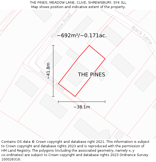 THE PINES, MEADOW LANE, CLIVE, SHREWSBURY, SY4 3LL: Plot and title map
