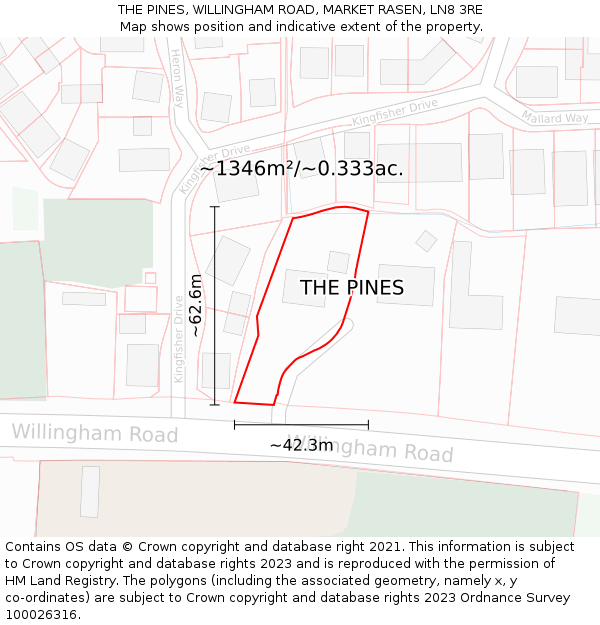 THE PINES, WILLINGHAM ROAD, MARKET RASEN, LN8 3RE: Plot and title map