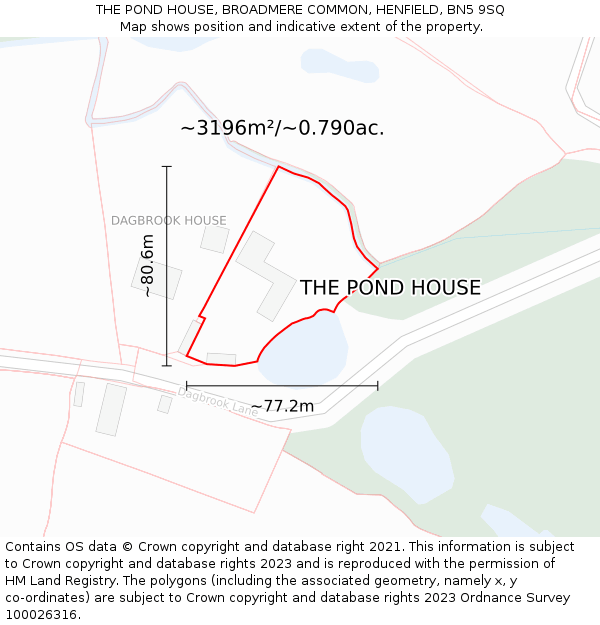 THE POND HOUSE, BROADMERE COMMON, HENFIELD, BN5 9SQ: Plot and title map