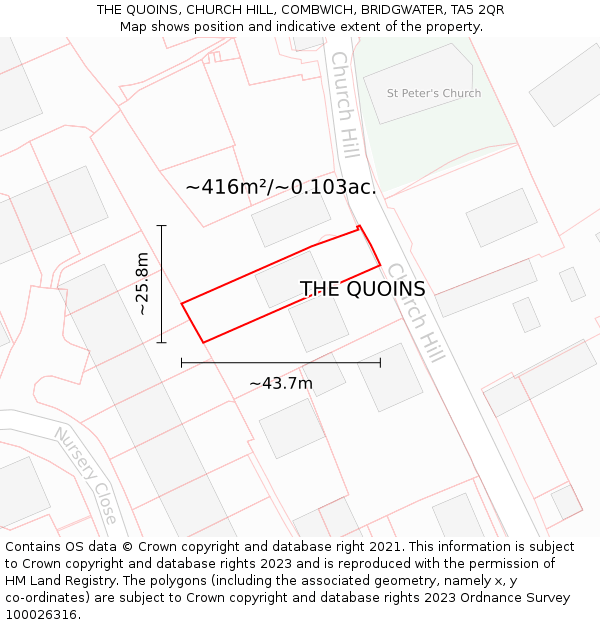 THE QUOINS, CHURCH HILL, COMBWICH, BRIDGWATER, TA5 2QR: Plot and title map