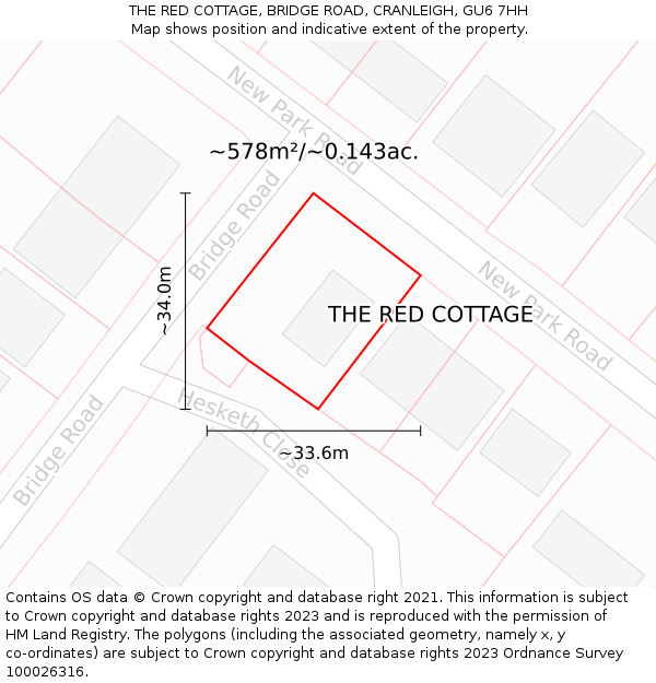 THE RED COTTAGE, BRIDGE ROAD, CRANLEIGH, GU6 7HH: Plot and title map