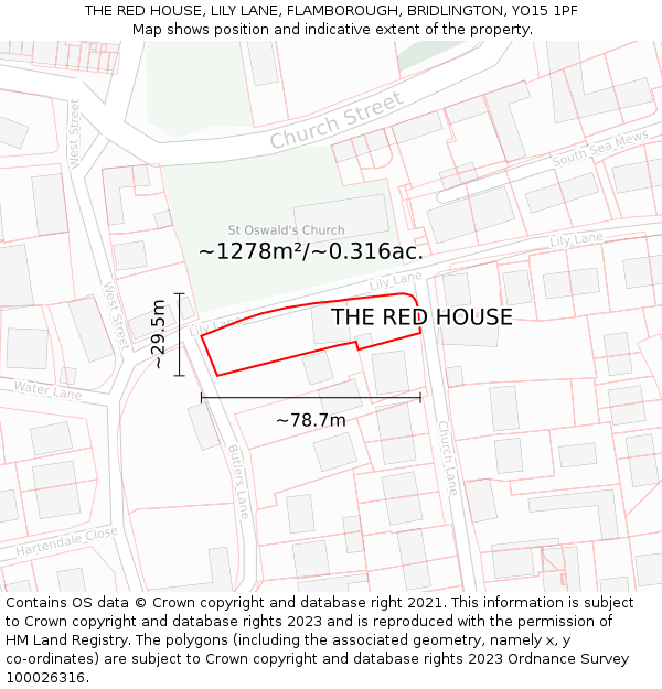 THE RED HOUSE, LILY LANE, FLAMBOROUGH, BRIDLINGTON, YO15 1PF: Plot and title map