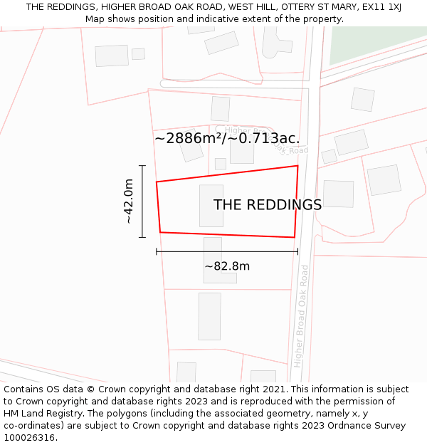 THE REDDINGS, HIGHER BROAD OAK ROAD, WEST HILL, OTTERY ST MARY, EX11 1XJ: Plot and title map