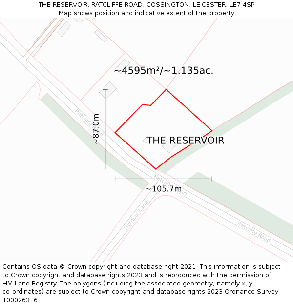 THE RESERVOIR, RATCLIFFE ROAD, COSSINGTON, LEICESTER, LE7 4SP: Plot and title map