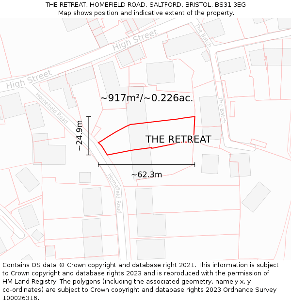 THE RETREAT, HOMEFIELD ROAD, SALTFORD, BRISTOL, BS31 3EG: Plot and title map