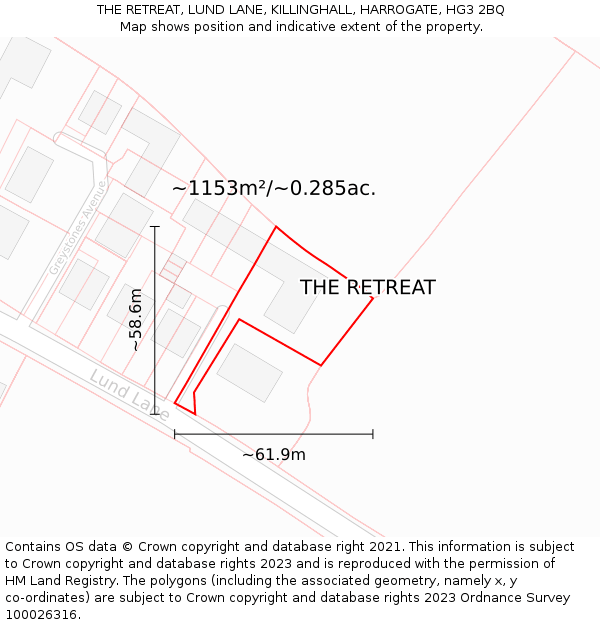 THE RETREAT, LUND LANE, KILLINGHALL, HARROGATE, HG3 2BQ: Plot and title map